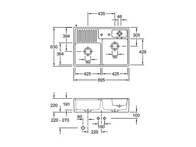 Evier timbre d'office VILLEROY ET BOCH Tradition 2 bacs 89,5 x 63 céramique vidage auto blanc + Egouttoir déroulable