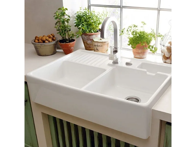 Evier timbre d'office VILLEROY ET BOCH Tradition 2 bacs 89,5 x 63 céramique vidage auto blanc + Egouttoir déroulable