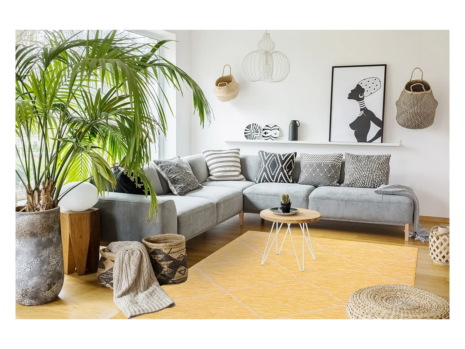 Tapis SIZAL PATIO 3075 diamants tissé à plat jaune / beige 175x270 cm