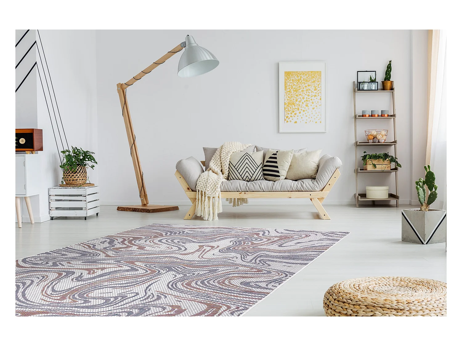 Sisal tapijt SISAL SION Golven 2836 plat te weven ecru / blauw / rozek 180x270 cm