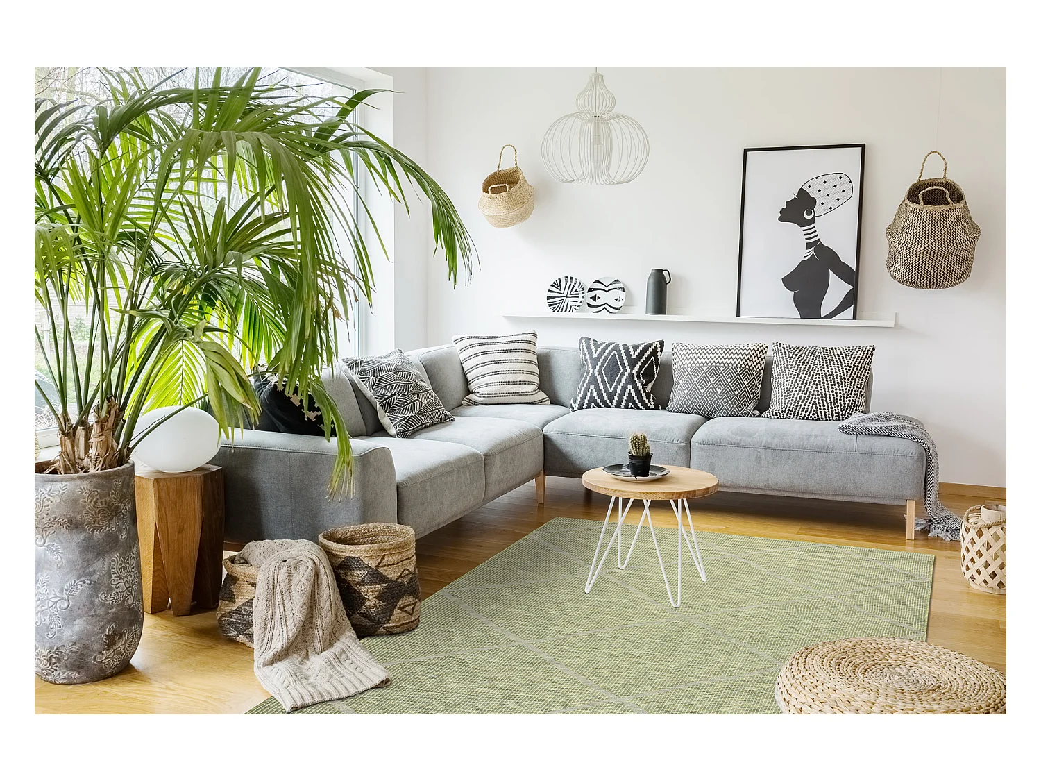 Tappeto SIZAL PATIO 3075 diamanti tessuto piatto verde / beige 175x270 cm