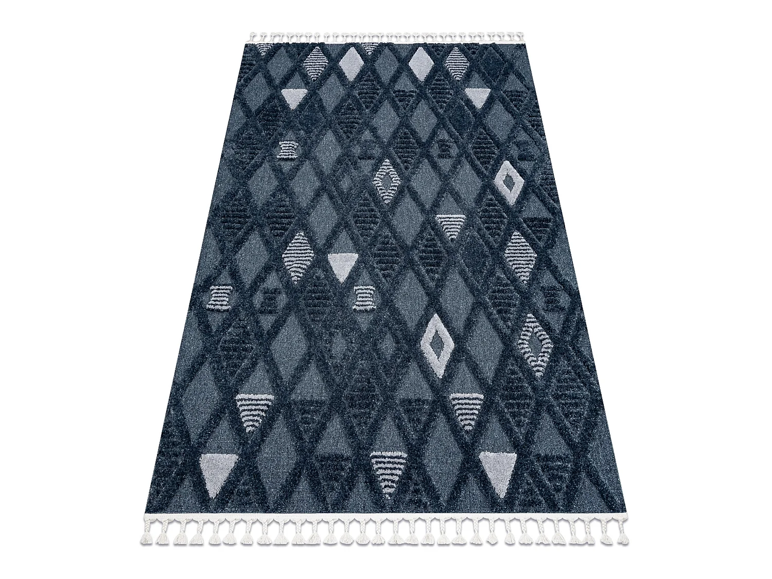 Tapis SEVILLA Y499B treillis, diamants bleu Franges berbère marocain  180x270 cm