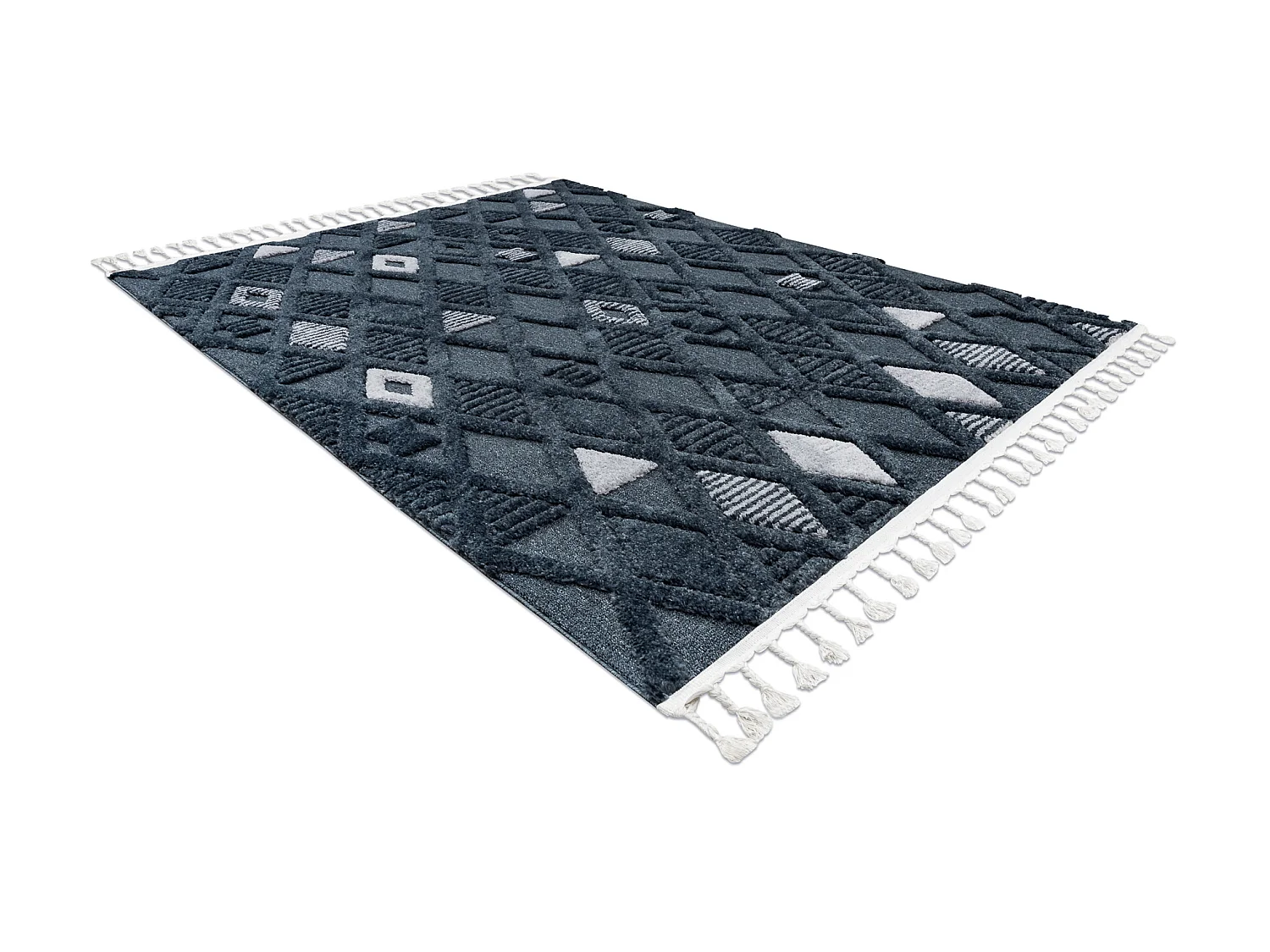 Tapis SEVILLA Y499B treillis, diamants bleu Franges berbère marocain  180x270 cm