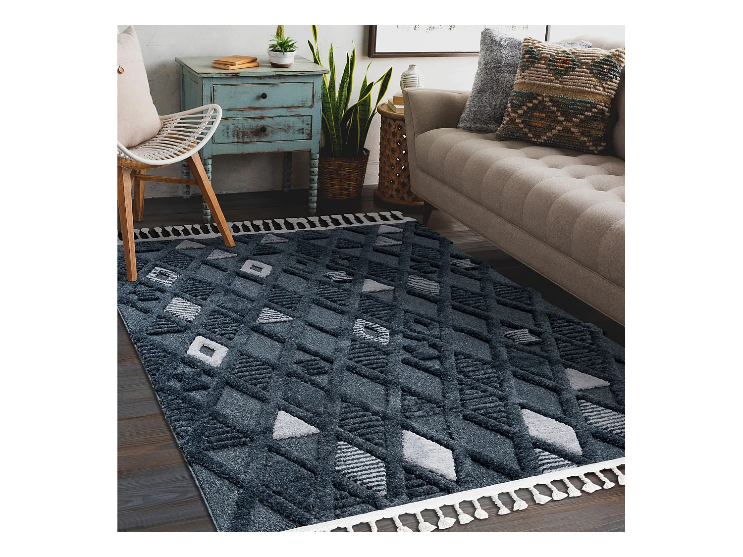 Tapis SEVILLA Y499B treillis, diamants bleu Franges berbère marocain  180x270 cm