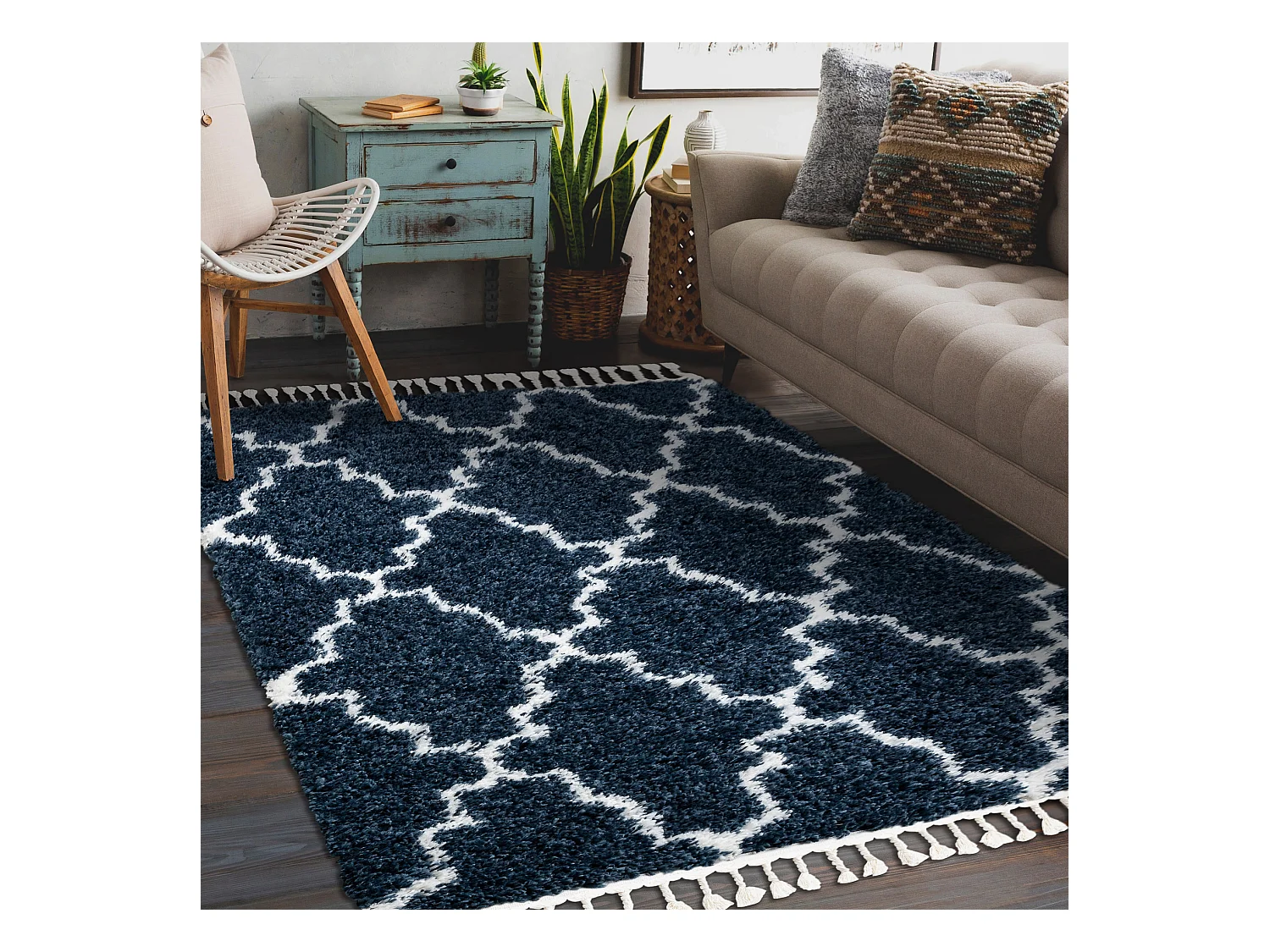Tapis UNION 3488 Trèfle marocain Trellis bleu et crème Franges berb� 160x220 cm
