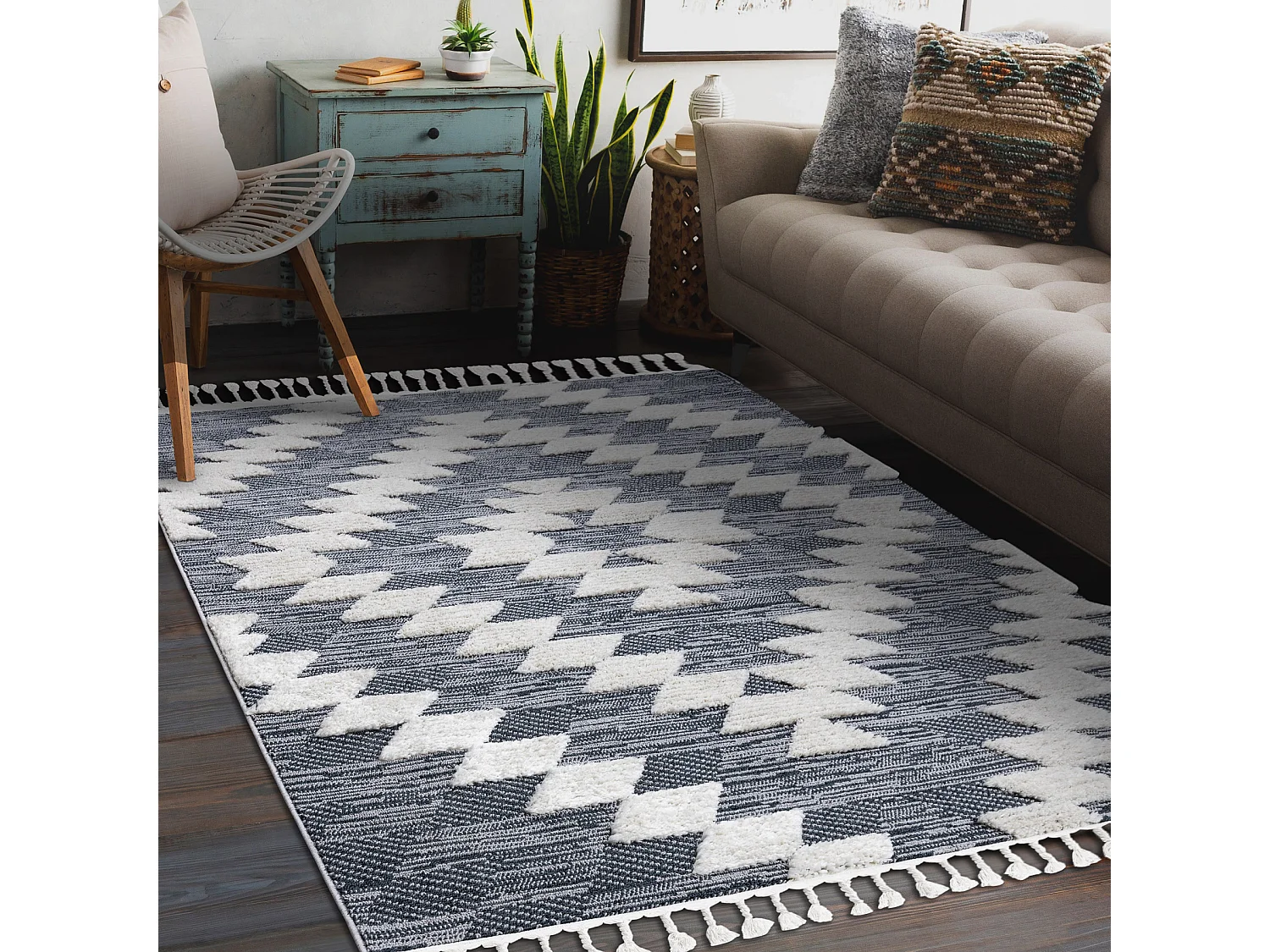 Tapis SEVILLA Z250A diamants bleu / gris Franges berbère marocain sha 160x220 cm