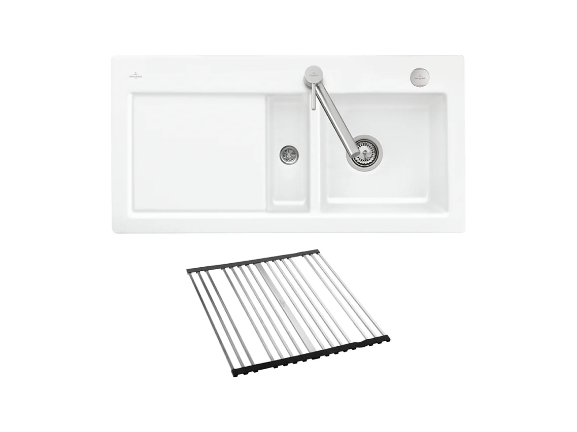 Evier 1 bac et demi VILLEROY ET BOCH Subway Pure 60 100 x 51 égouttoir à gauche céramique sans vidage blanc + Egouttoir déroulable