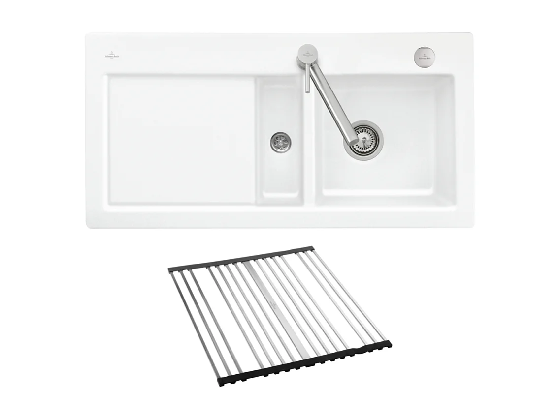 Evier 1 bac et demi VILLEROY ET BOCH Subway Pure 60 100 x 51 égouttoir à gauche céramique sans vidage blanc + Egouttoir déroulable