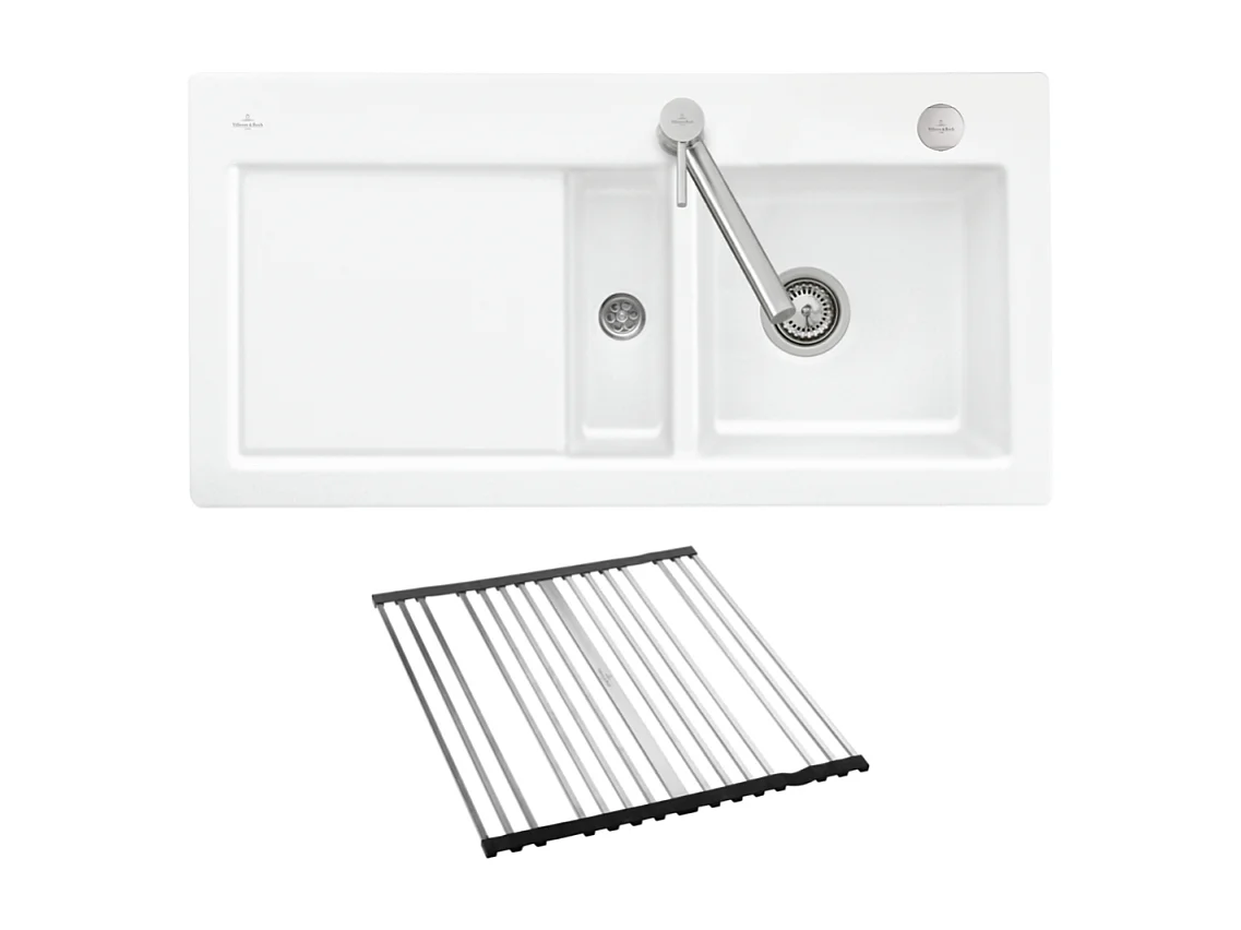 Evier 1 bac et demi VILLEROY ET BOCH Subway Pure 60 100 x 51 égouttoir à gauche céramique sans vidage blanc + Egouttoir déroulable