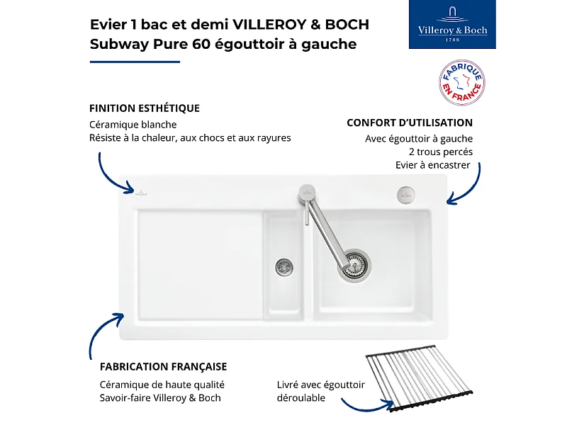 Evier 1 bac et demi VILLEROY ET BOCH Subway Pure 60 100 x 51 égouttoir à gauche céramique sans vidage blanc + Egouttoir déroulable