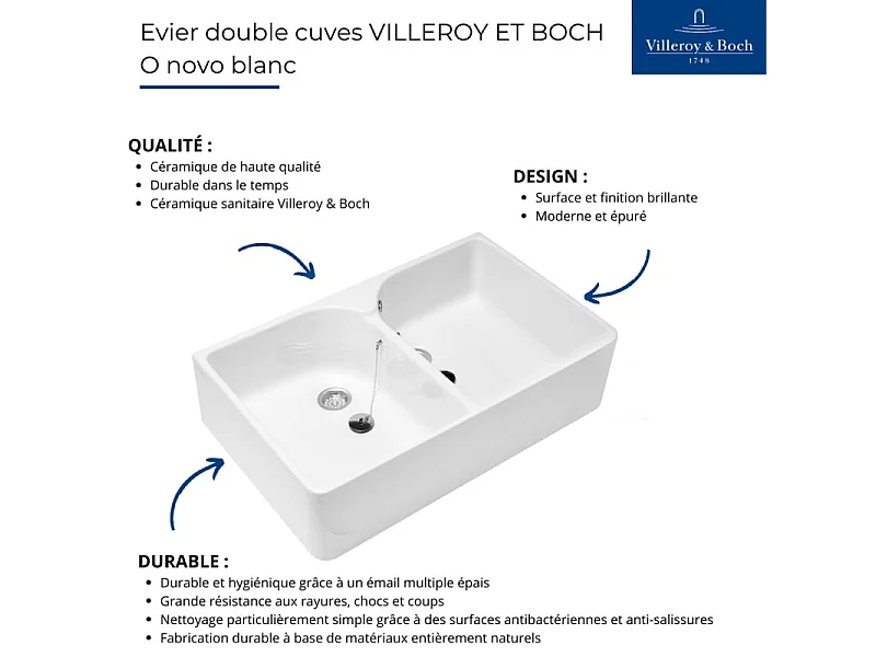 Evier 2 bacs blanc VILEROY ET BOCH O Novo 220 x 895 x 550 mm avec trop-plein