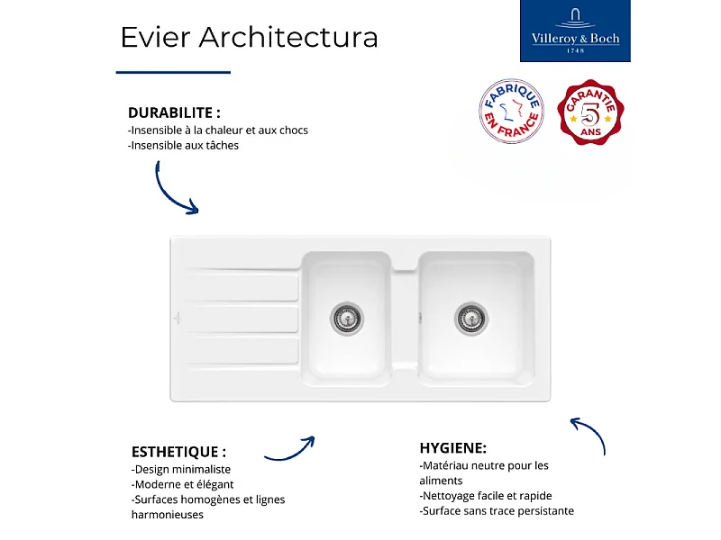 Evier 1 bac et demi 116 x 51 cm VILLEROY ET BOCH Architectura 80 Blanc vidage automatique inclus