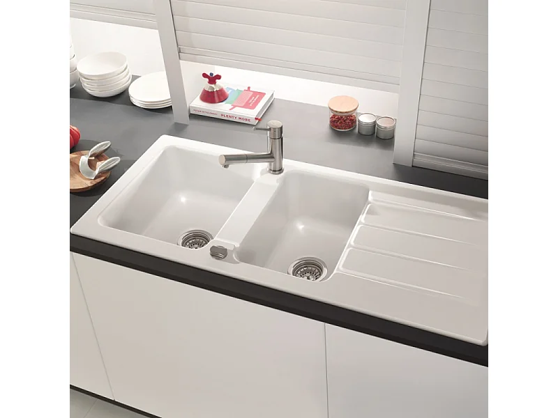 Evier 1 bac et demi 116 x 51 cm VILLEROY ET BOCH Architectura 80 Blanc vidage automatique inclus
