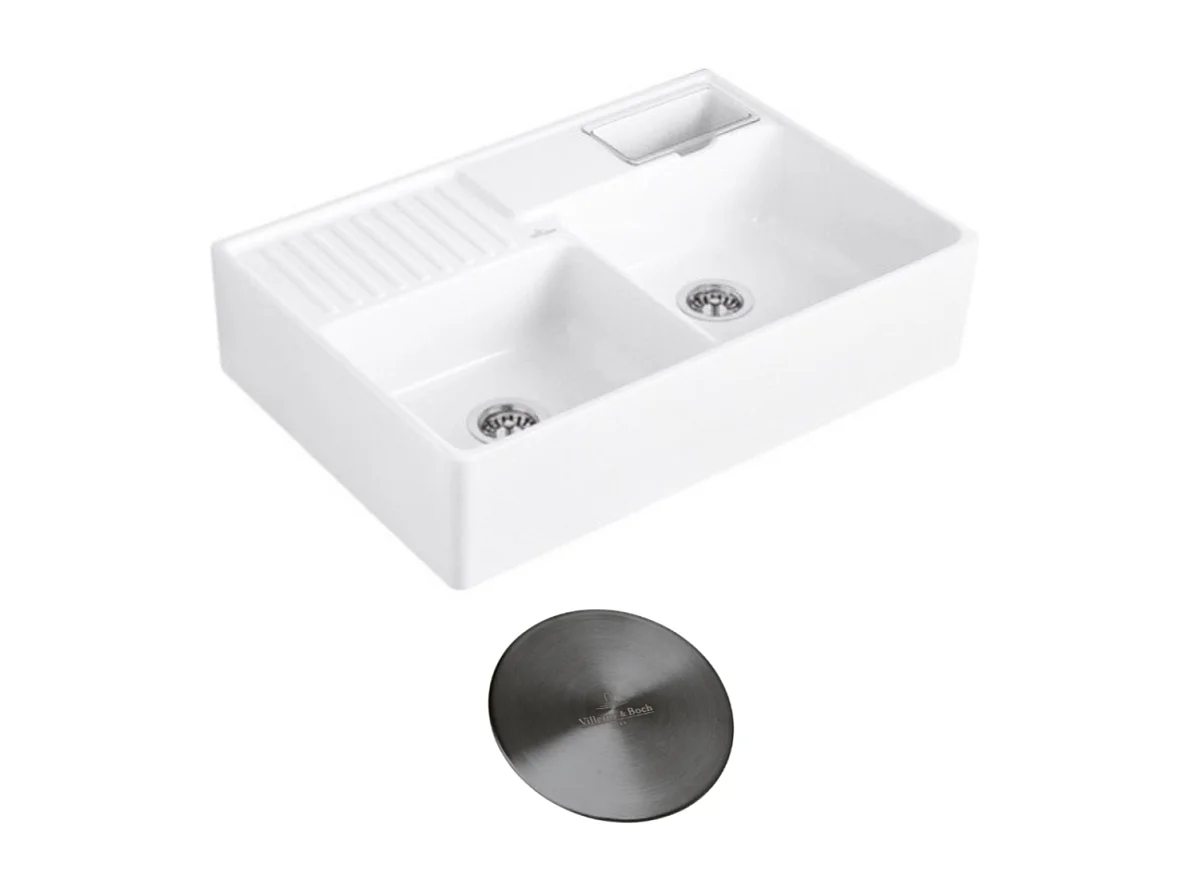 Evier timbre d'office VILLEROY ET BOCH Tradition 2 bacs 89,5 x 63 céramique vidage manuel blanc + Cache bonde anthracite