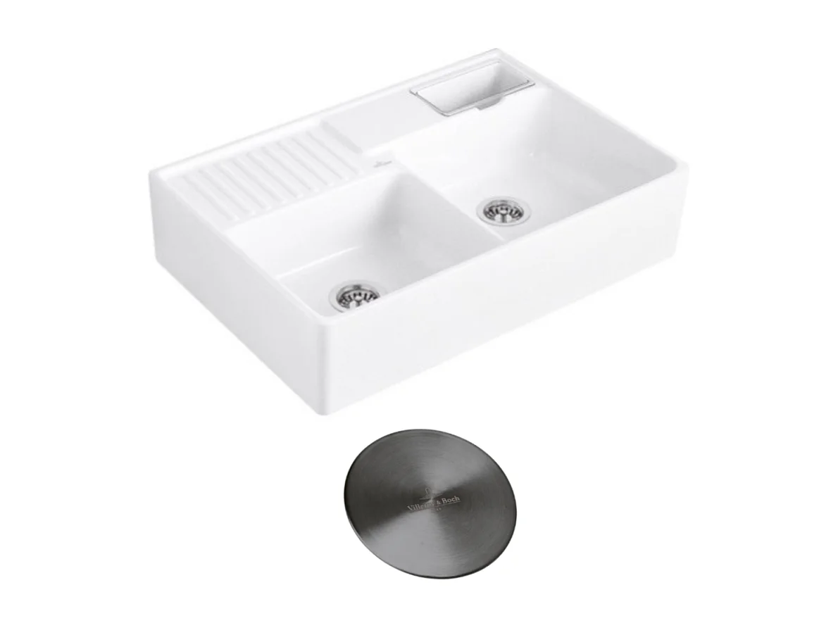 Evier timbre d'office VILLEROY ET BOCH Tradition 2 bacs 89,5 x 63 céramique vidage manuel blanc + Cache bonde anthracite