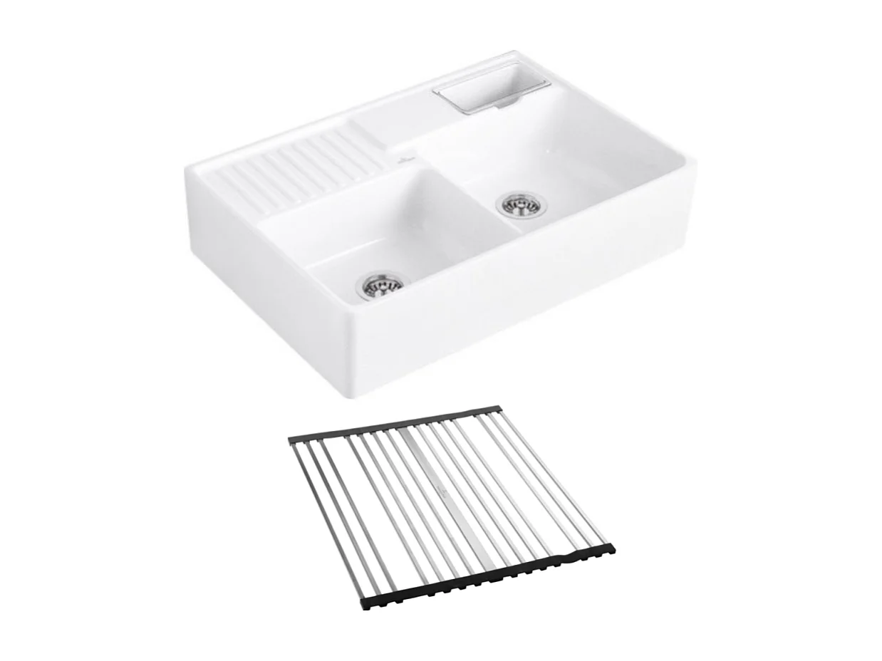 Evier timbre d'office VILLEROY ET BOCH Tradition 2 bacs 89,5 x 63 céramique vidage manuel blanc + Egouttoir déroulable
