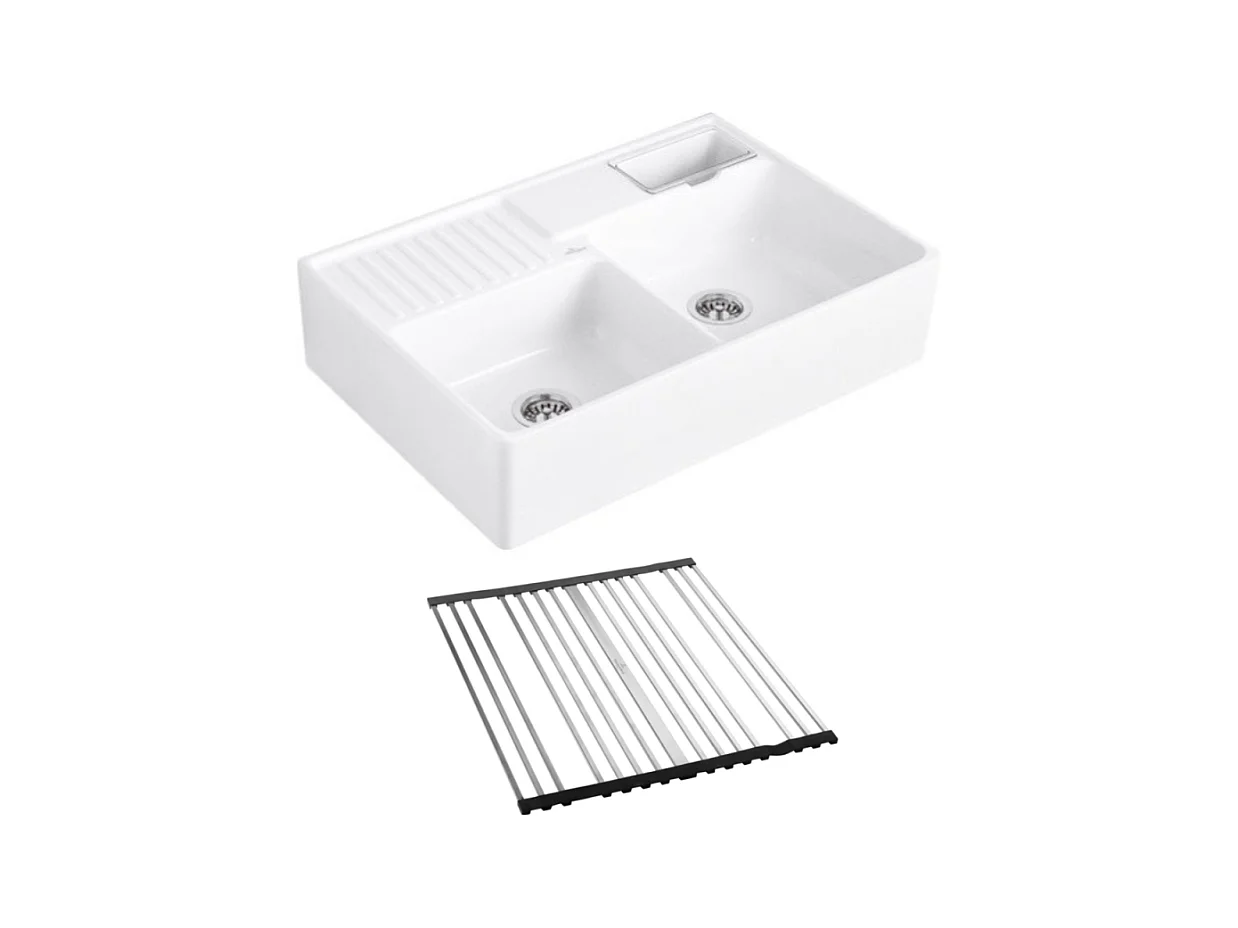 Evier timbre d'office VILLEROY ET BOCH Tradition 2 bacs 89,5 x 63 céramique vidage manuel blanc + Egouttoir déroulable