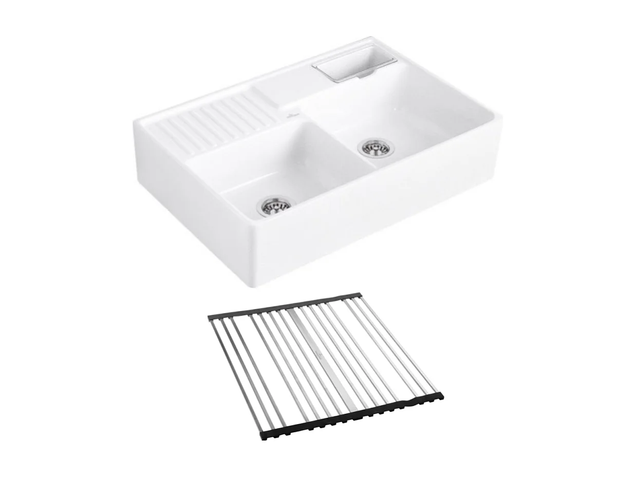 Evier timbre d'office VILLEROY ET BOCH Tradition 2 bacs 89,5 x 63 céramique vidage manuel blanc + Egouttoir déroulable