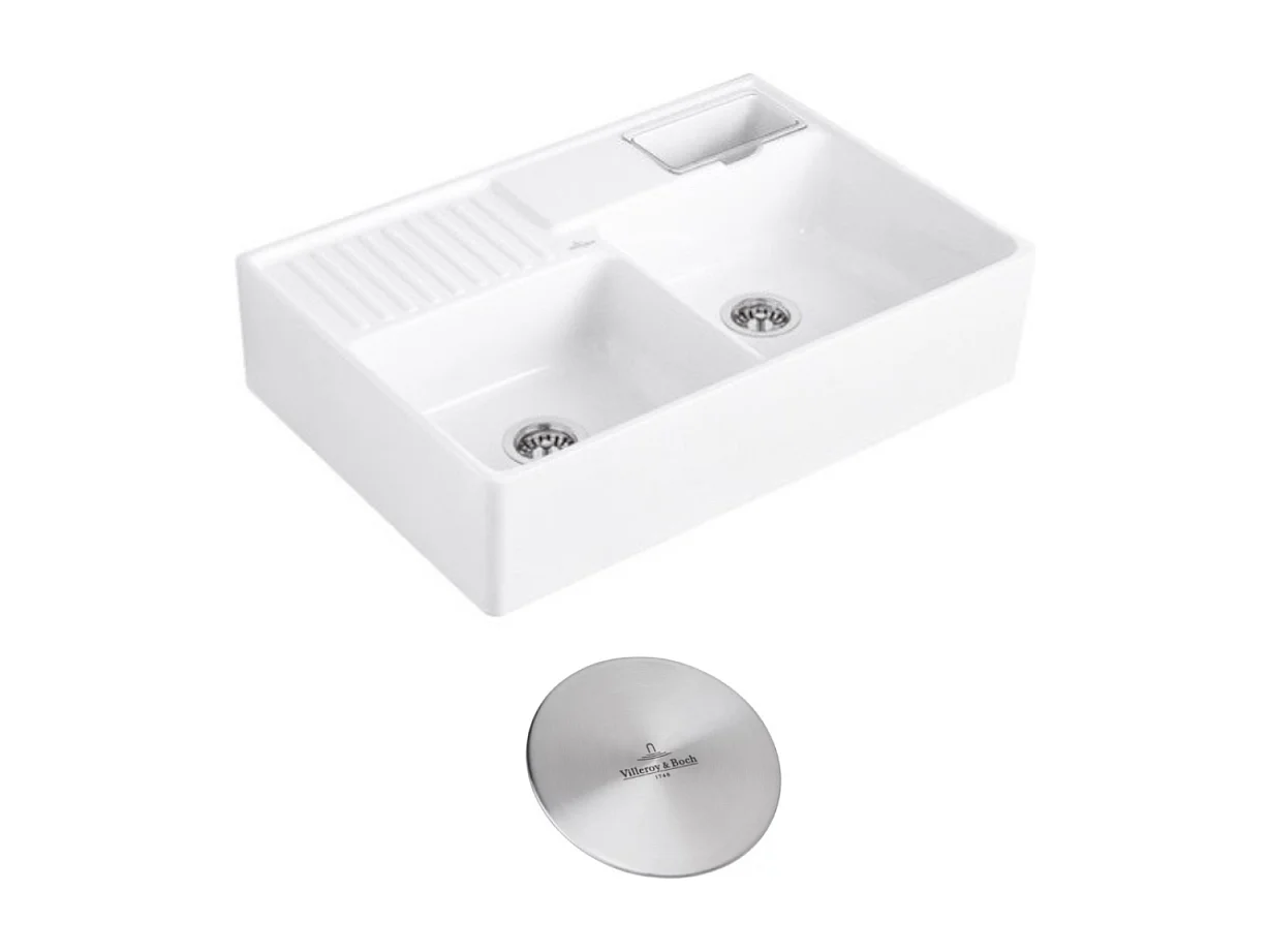 Evier timbre d'office VILLEROY ET BOCH Tradition 2 bacs 89,5 x 63 céramique vidage auto blanc + Cache bonde acier massif