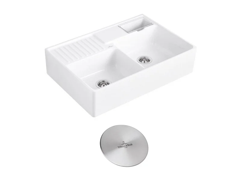 Evier timbre d'office VILLEROY ET BOCH Tradition 2 bacs 89,5 x 63 céramique vidage auto blanc + Cache bonde acier massif