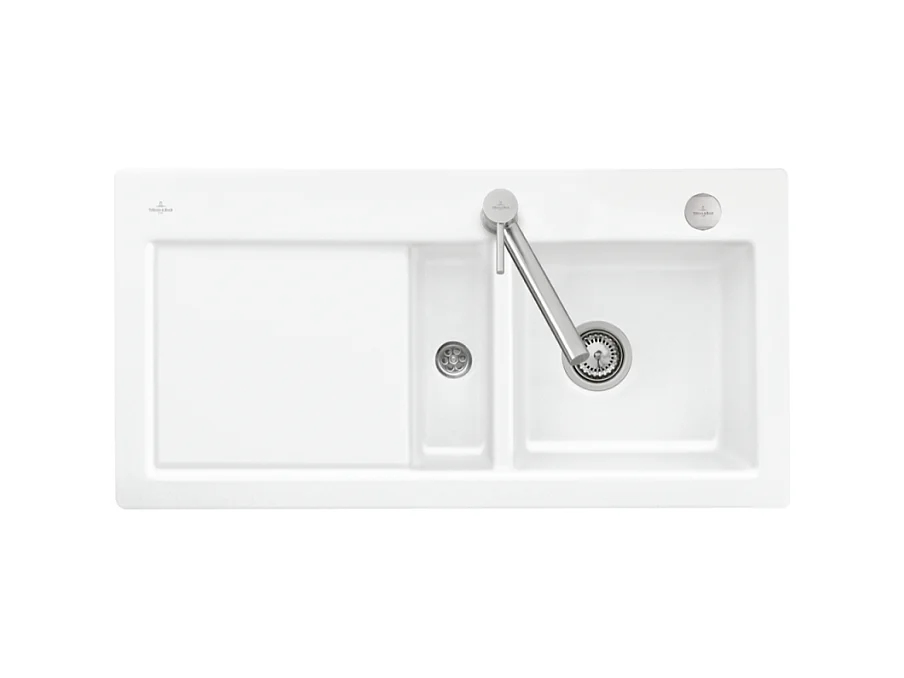 Evier 1 bac et demi avec egouttoir a gauche VILLEROY ET BOCH Subway Pure 60 100 x 51 cm Blanc vidage automatique inclus