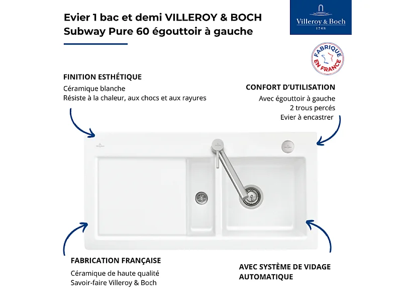 Evier 1 bac et demi avec egouttoir a gauche VILLEROY ET BOCH Subway Pure 60 100 x 51 cm Blanc vidage automatique inclus