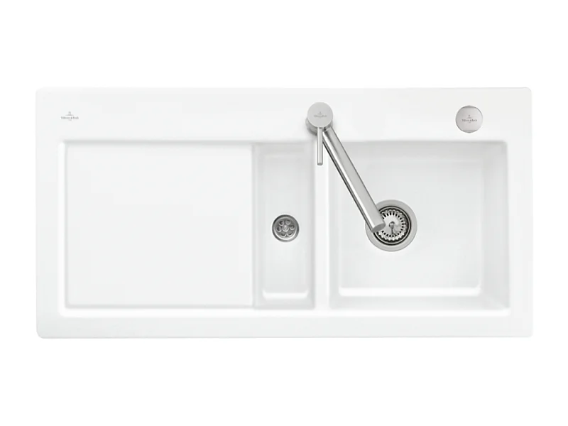 Evier 1 bac et demi avec egouttoir a gauche VILLEROY ET BOCH Subway Pure 60 100 x 51 cm Blanc vidage automatique inclus
