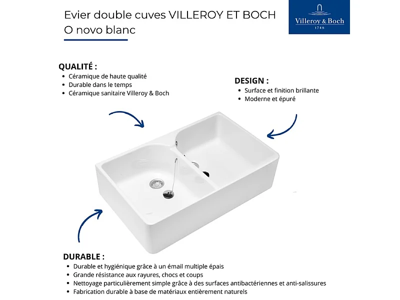 Evier 2 bacs blanc VILLEROY ET BOCH O Novo 22 x 79,5 x 51 cm avec trop-plein