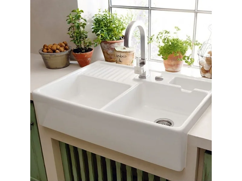 Evier timbre d'office VILLEROY ET BOCH Tradition 2 bacs 89,5 x 63 céramique vidage manuel blanc + Panier vaiselle