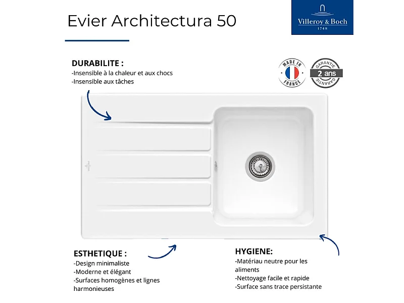 Evier 1 bac 86 x 51 cm VILLEROY ET BOCH Architectura 50 Blanc vidage automatique inclus