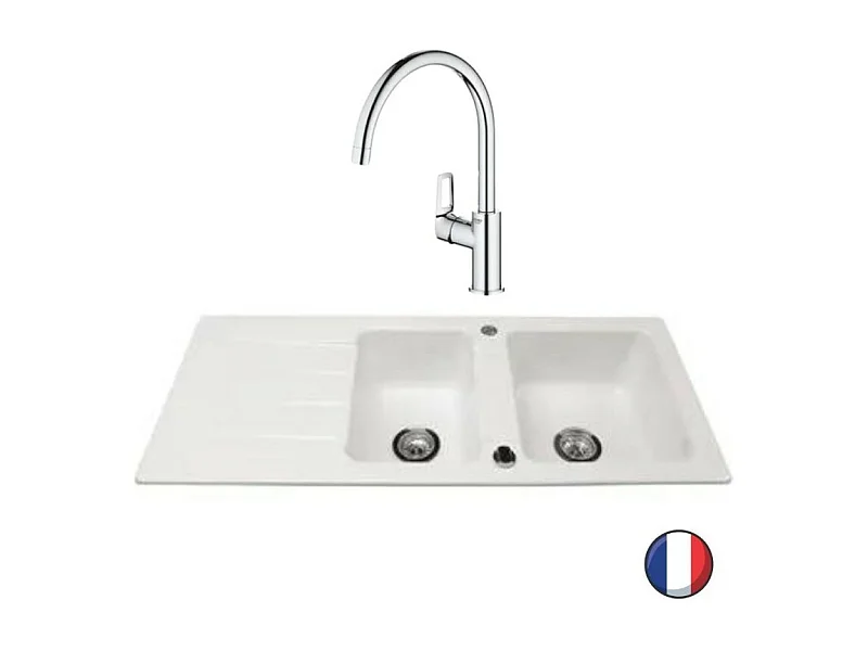 Evier 1 bac et demi 116 x 51 cm VILLEROY ET BOCH  Architectura 8 Blanc + Robinet cuisine GROHE Bauloop