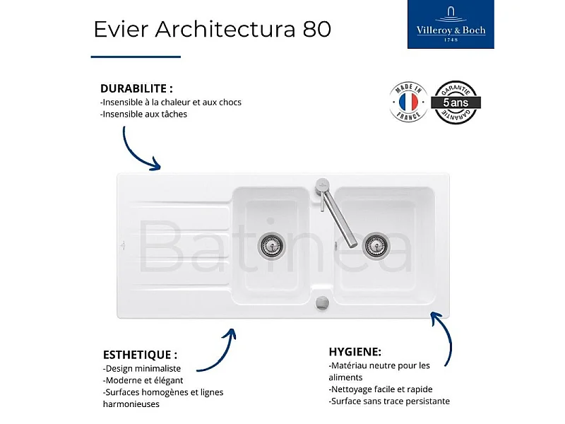 Evier 1 bac et demi 116 x 51 cm VILLEROY ET BOCH  Architectura 8 Blanc + Robinet cuisine GROHE Bauloop