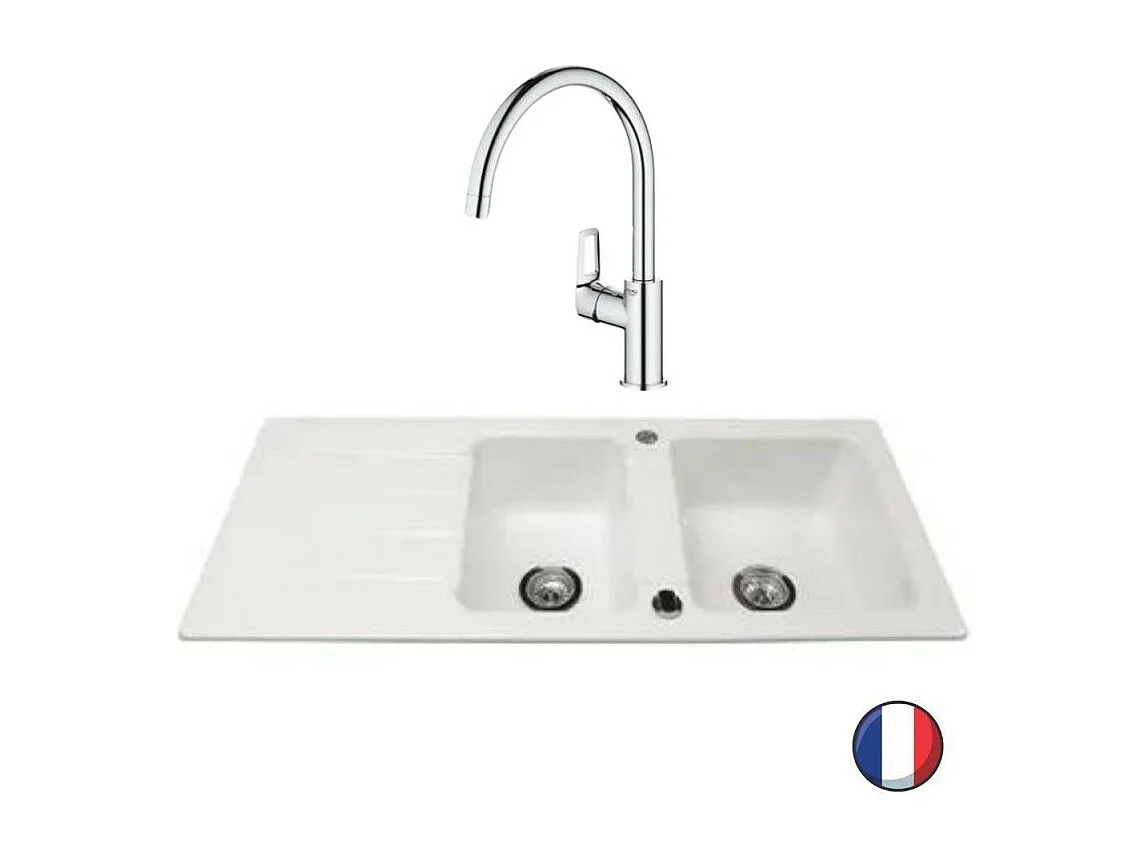 Evier 1 bac et demi 116 x 51 cm VILLEROY ET BOCH  Architectura 8 Blanc + Robinet cuisine GROHE Bauloop