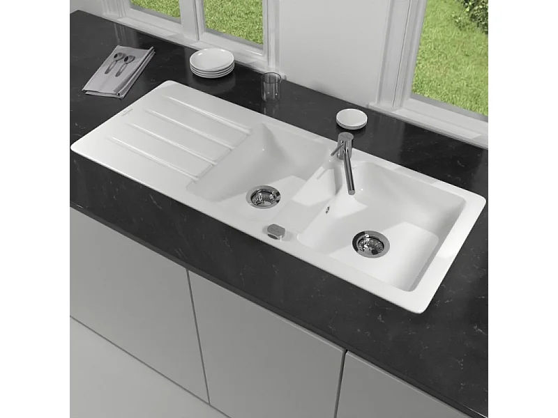 Evier 1 bac et demi 116 x 51 cm VILLEROY ET BOCH  Architectura 8 Blanc + Robinet cuisine GROHE Bauloop