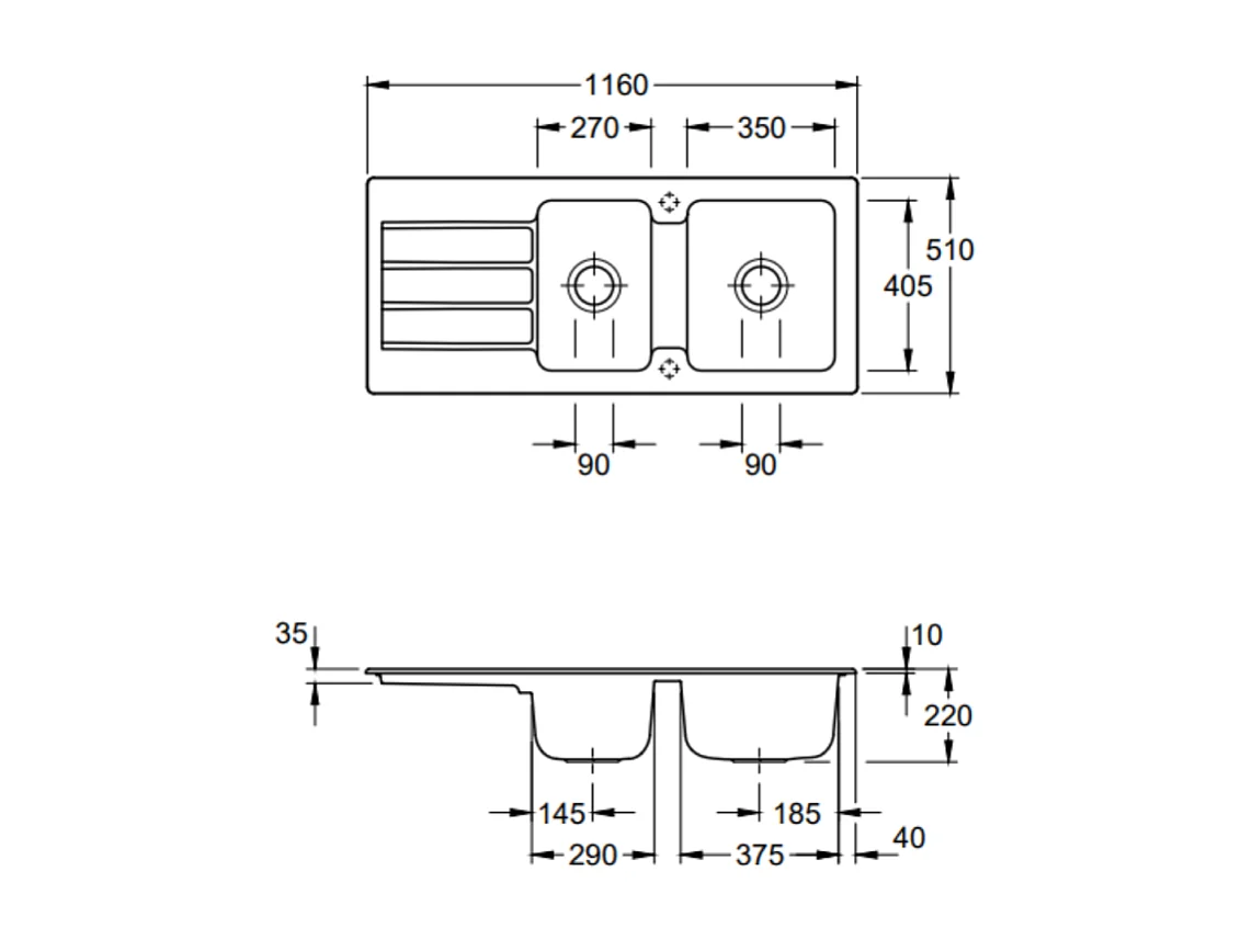 Evier 1 bac et demi Architectura VILLEROY ET BOCH  80 116 x 51 cm Blanc sans vidage