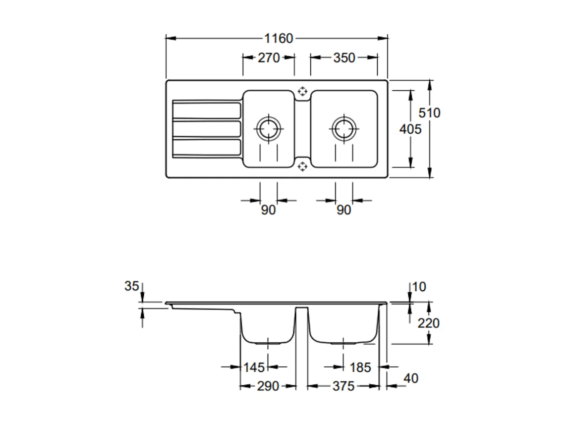 Evier 1 bac et demi Architectura VILLEROY ET BOCH  80 116 x 51 cm Blanc sans vidage