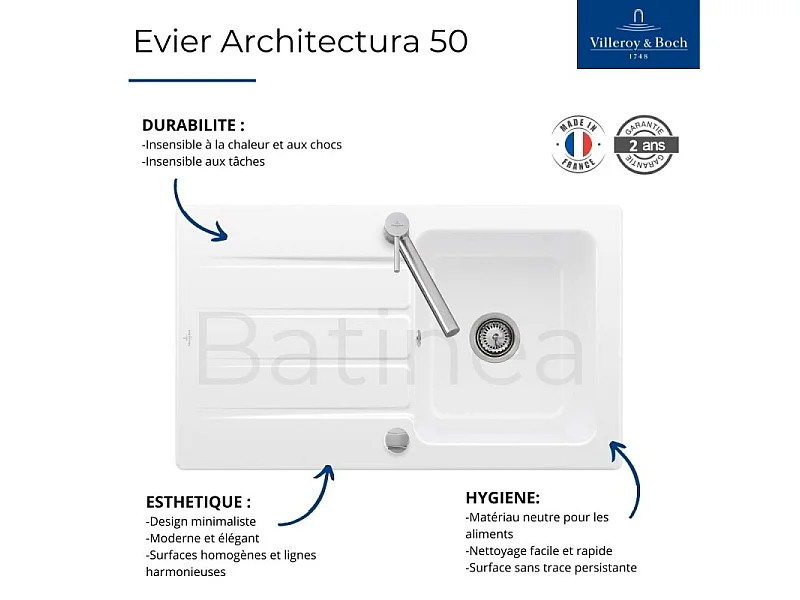 Evier 1 bac 86 x 51 cm VILLEROY ET BOCH Architectura 50 Blanc + Robinet cuisine GROHE Bauloop