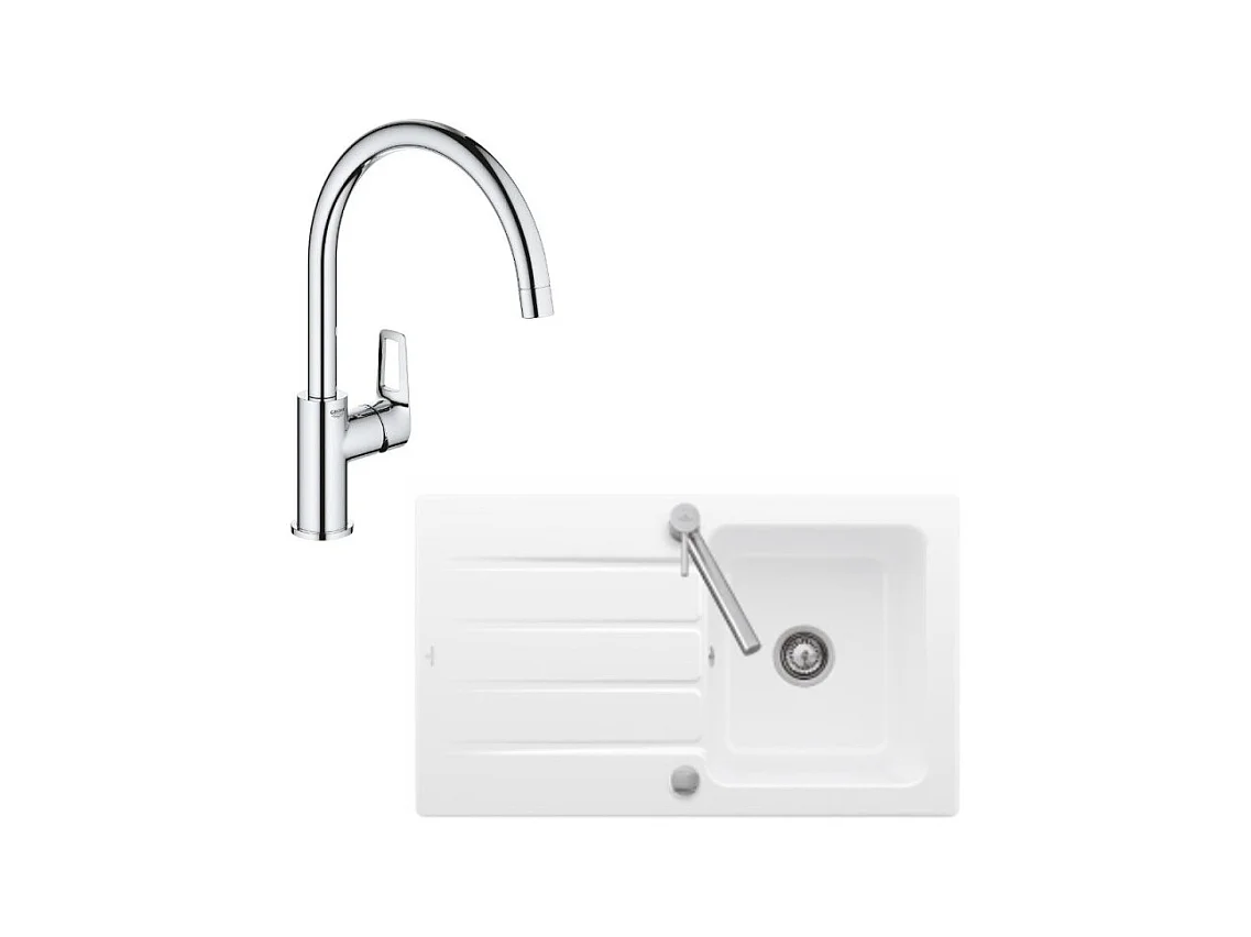 Evier 1 bac 86 x 51 cm VILLEROY ET BOCH Architectura 50 Blanc + Robinet cuisine GROHE Bauloop