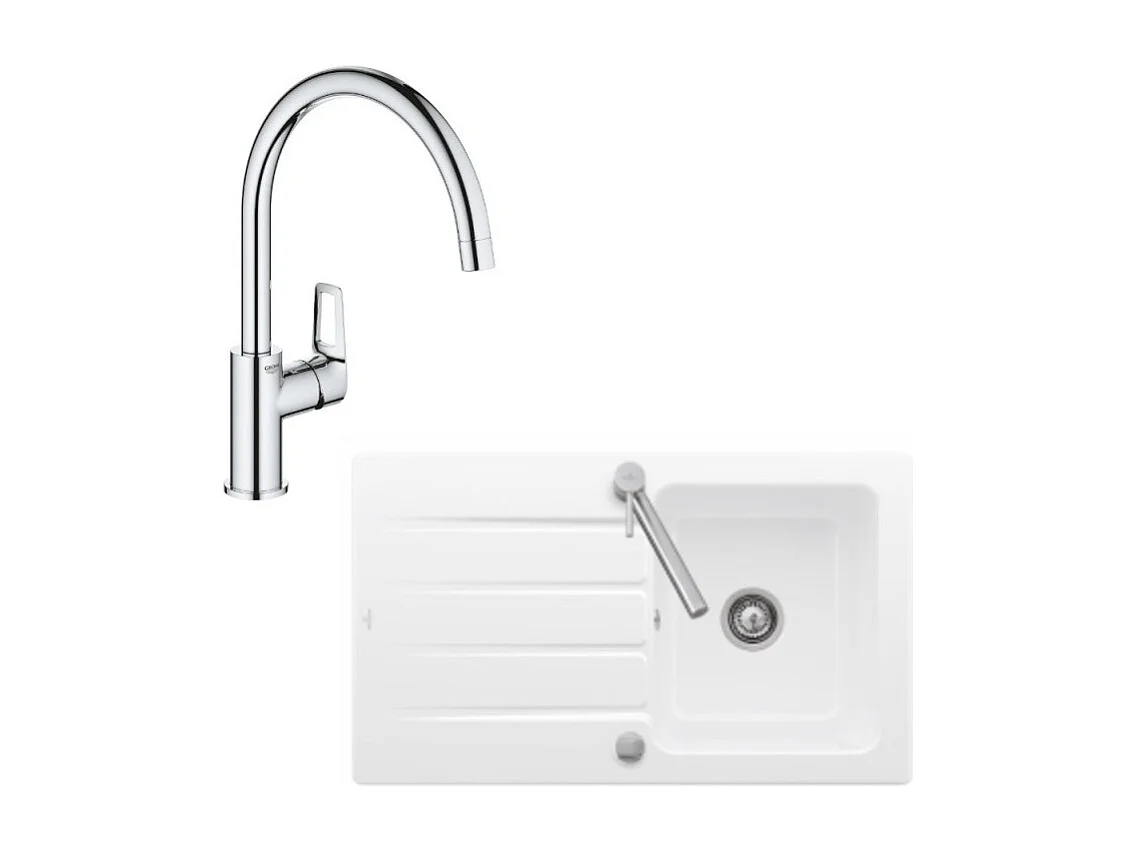 Evier 1 bac 86 x 51 cm VILLEROY ET BOCH Architectura 50 Blanc + Robinet cuisine GROHE Bauloop