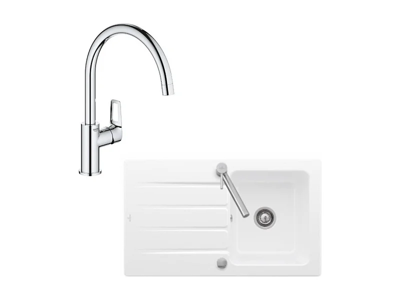 Evier 1 bac 86 x 51 cm VILLEROY ET BOCH Architectura 50 Blanc + Robinet cuisine GROHE Bauloop