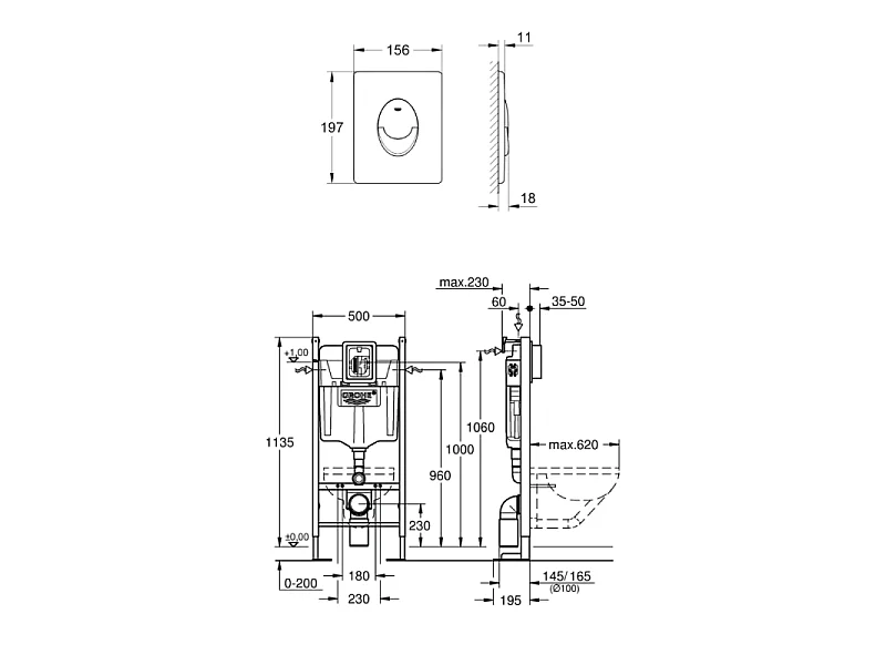 Bâti-support autoportant GROHE Rapid SL Project 1.13 M + Plaque commande GROHE Skate Air blanc alpin