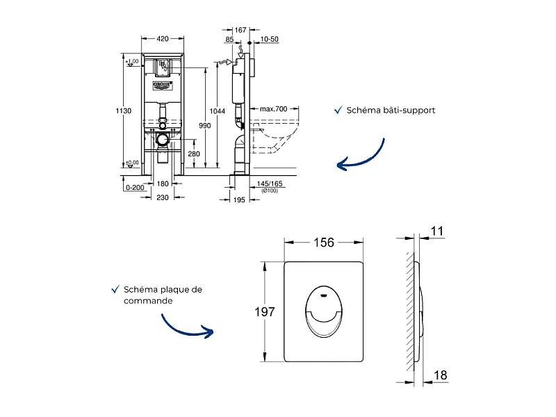 Bâti-support WC autoportant GROHE Rapid SL largeur réduite avec plaque de commande Skate Air verticale chromée