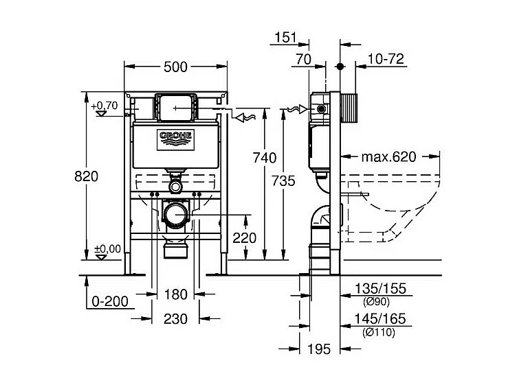 GROHE - Bâti support pour WC hauteur réduite Rapid SL, 0.82 m