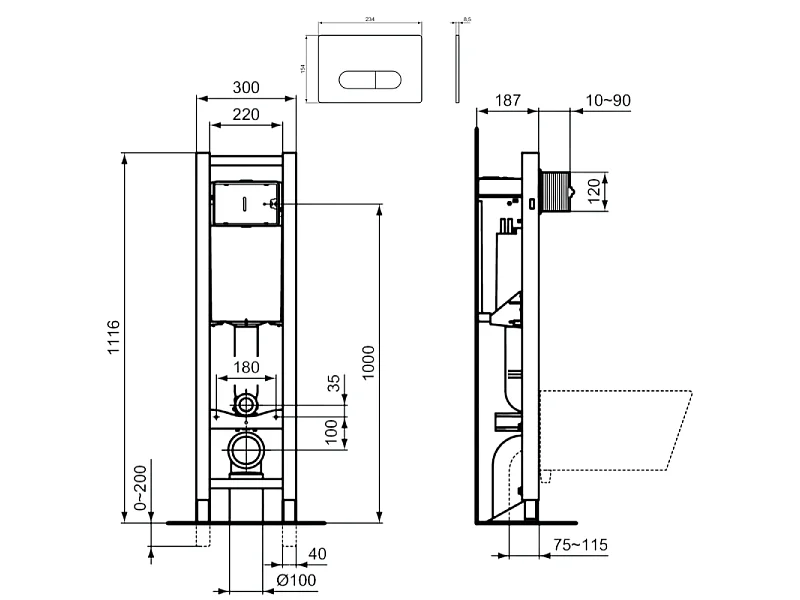 Bâti-support autoportant gain de place IDEAL STANDARD éco certifié NF + plaque carrée