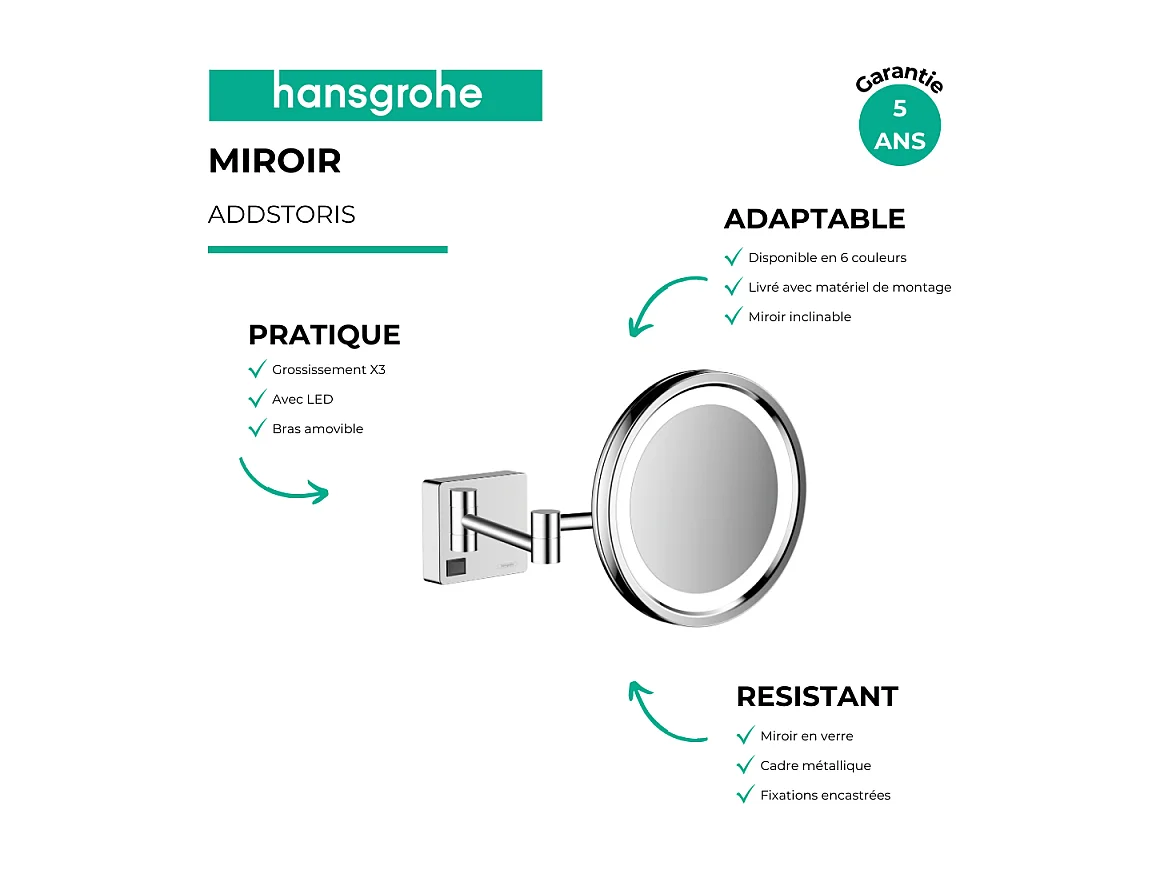 Miroir de rasage avec éclairage LED HANSGROHE AddStoris chromé