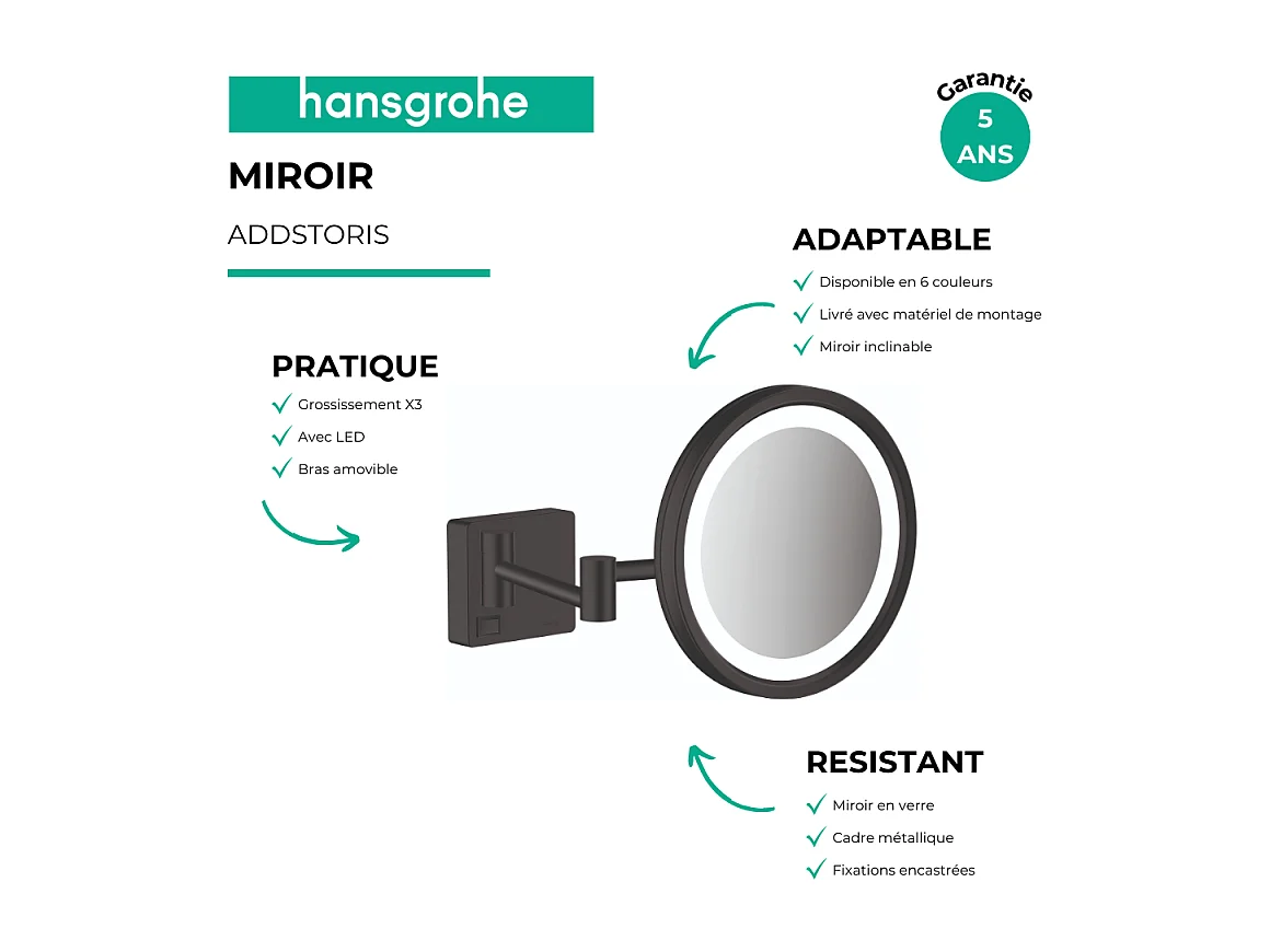 Miroir de rasage avec éclairage LED HANSGROHE AddStoris Noir mat
