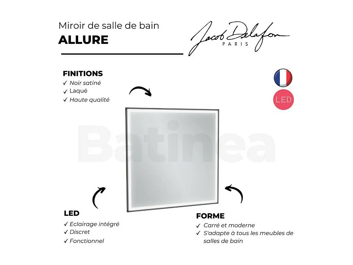 Miroir de salle de bain JACOB DELAFON Allure 60 x 60 cm, carré LED
