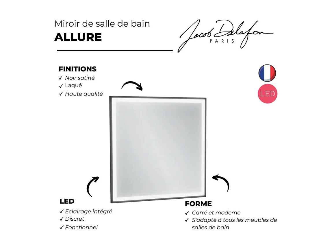 Miroir de salle de bain JACOB DELAFON Allure 60 x 60 cm, carré LED