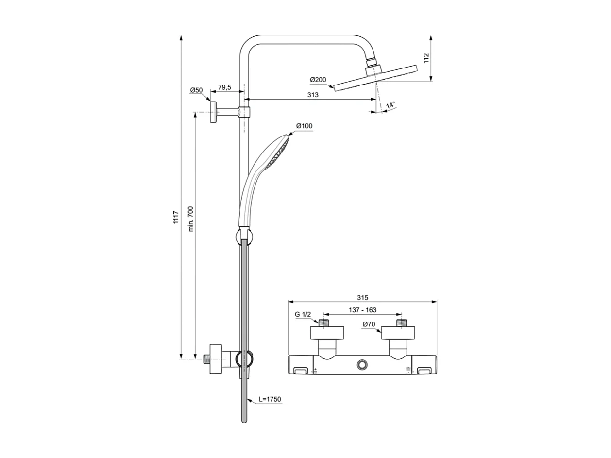 Ideal Standard - Columna de ducha termostática Ideal Standard Ceratherm 20 cm, negro mate