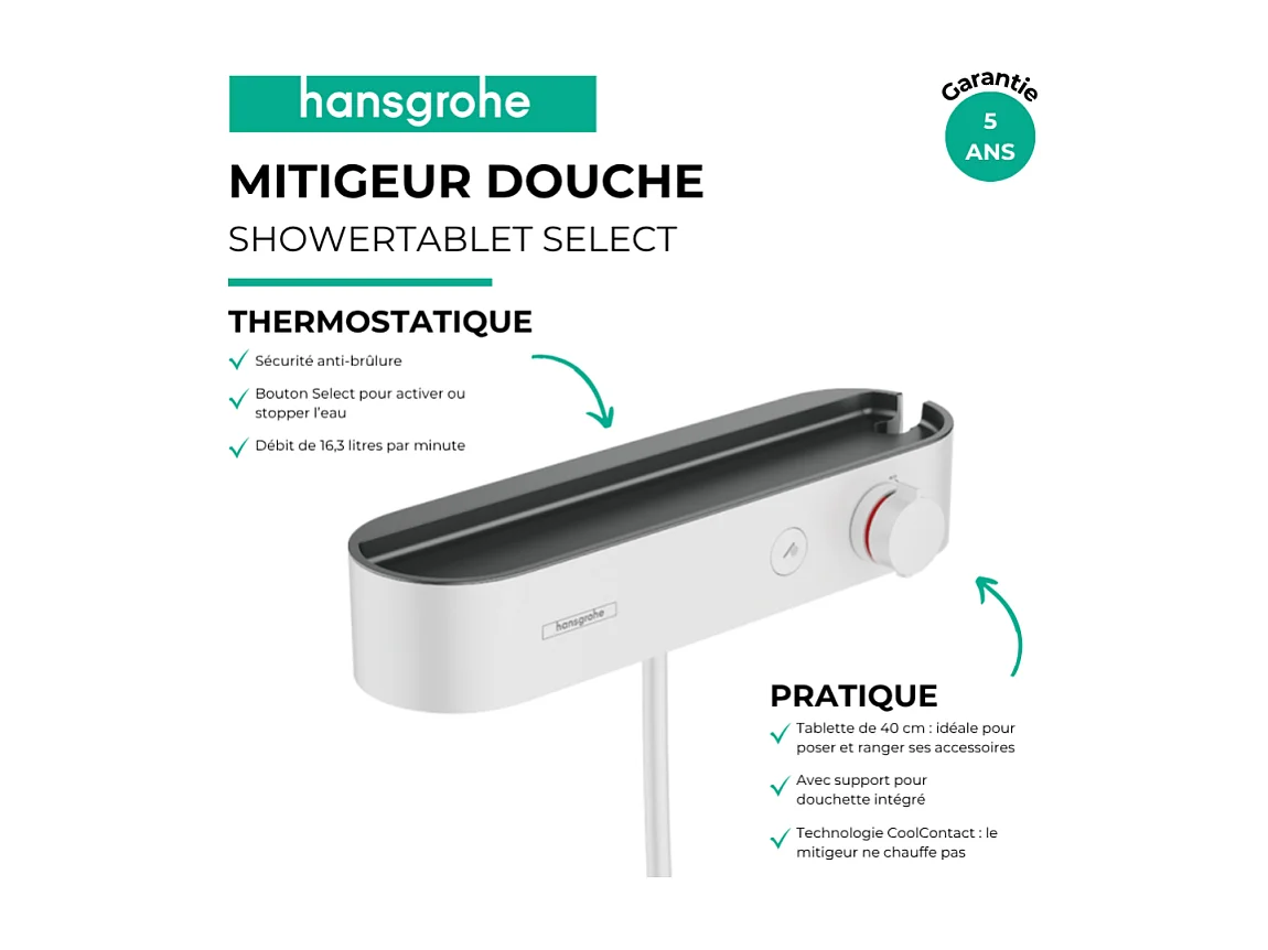 Mitigeur douche thermostatique HANSGROHE ShowerTablet Select 400 Blanc mat